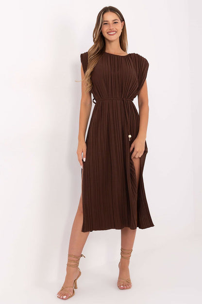 Luxury Summer Midi Dress by Italy Moda in lightweight pleated fabric, featuring a belted waist and elegant sleeveless design, perfect for warm weather.