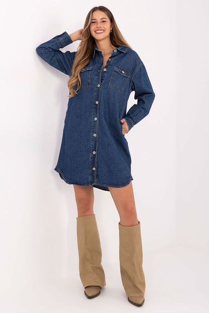 Timeless Cotton Denim Daydress by Sublevel featuring a classic collar and long sleeves for a sophisticated look.