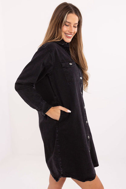 Timeless Cotton Denim Daydress by Sublevel featuring a classic cut, long sleeves, and knee-length design, ideal for a luxury casual wardrobe.