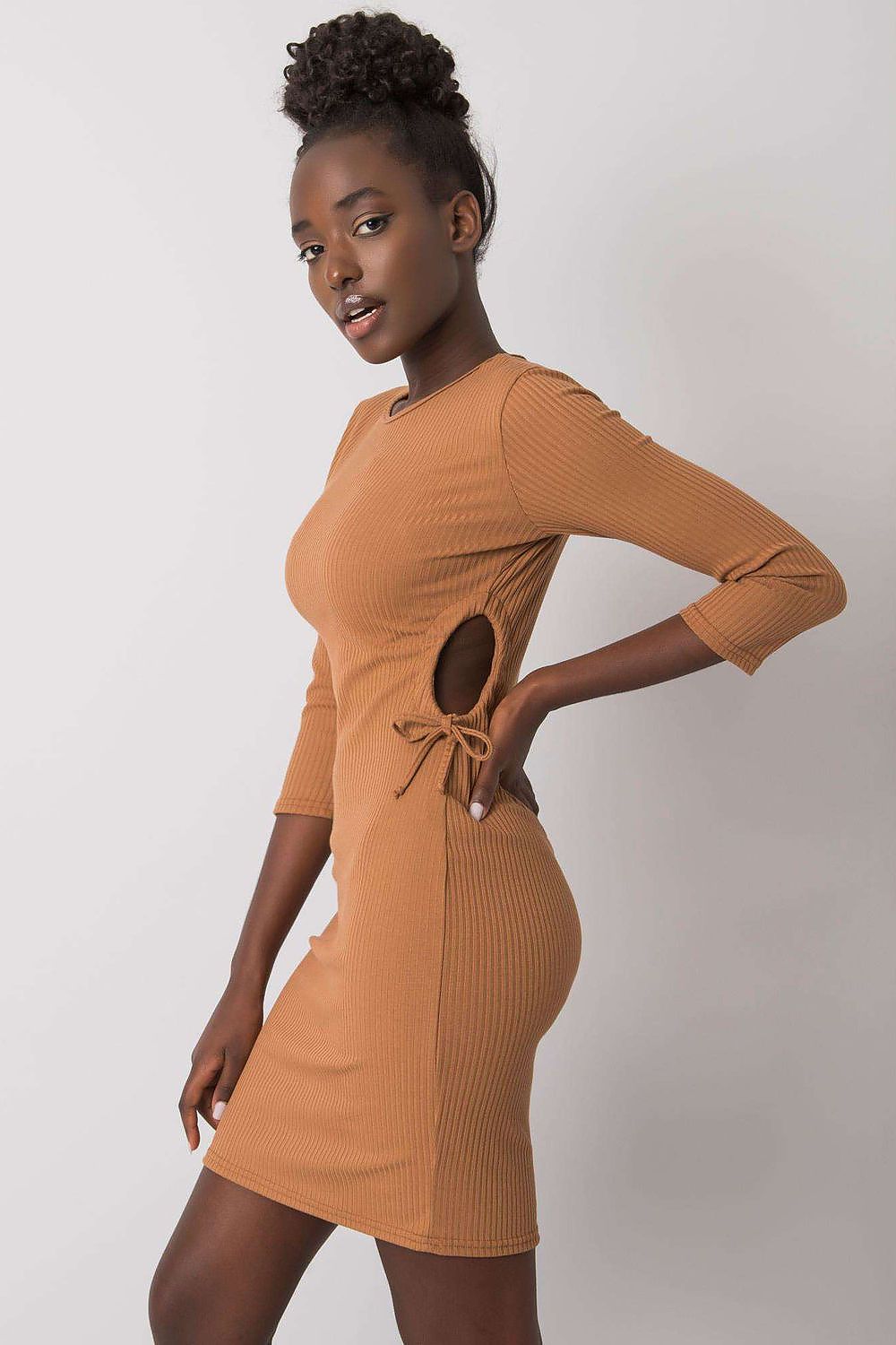 Elegant Lakerta Casual Pencil Dress displayed on a model, highlighting the feminine round neckline and flattering fit.