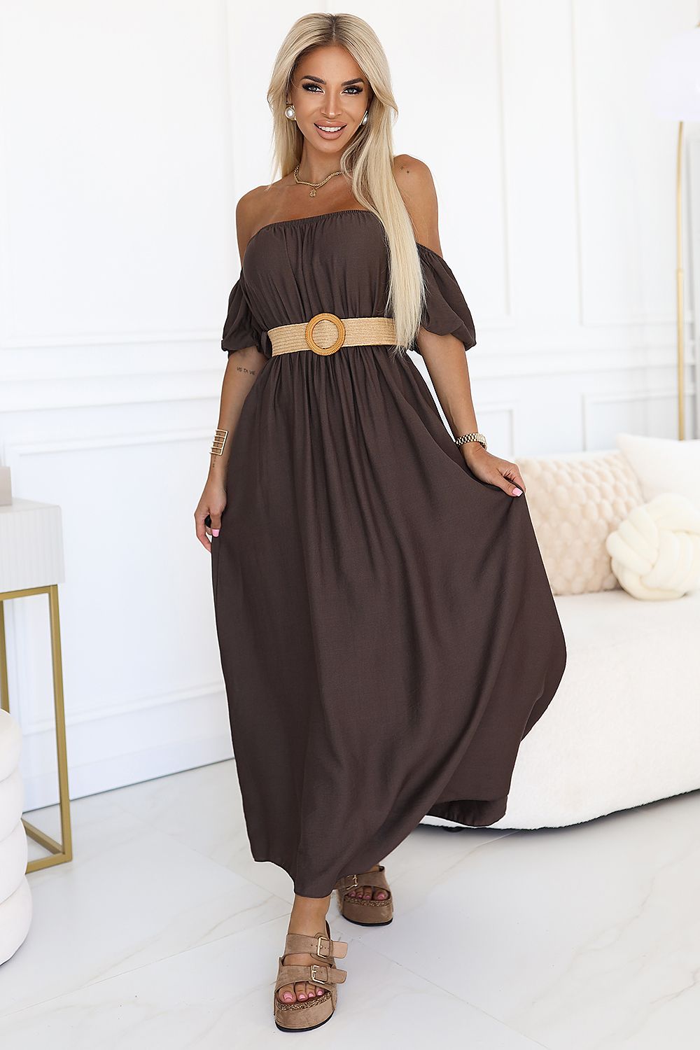 Elegant Boho Maxi Dress by Numoco featuring open shoulders and a braided belt, perfect for summer occasions.