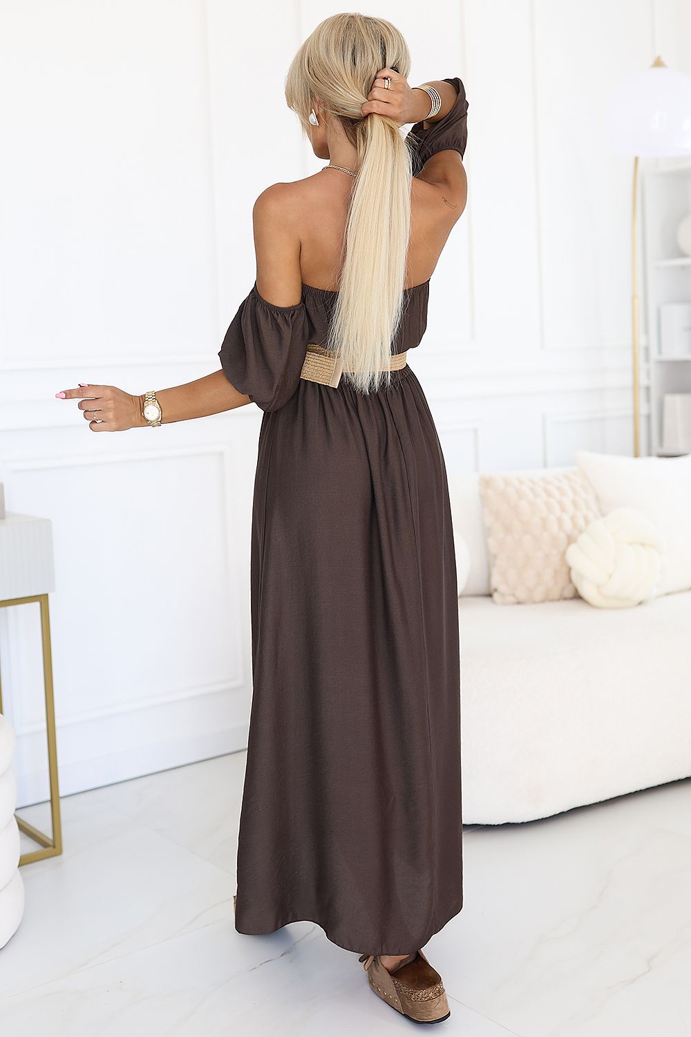 Stylish Numoco Boho Maxi Dress with short puff sleeves, accentuating a feminine silhouette, ideal for holidays and casual outings.