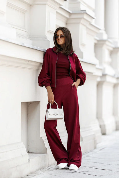 Full ensemble of LaBalancia Women's Cotton 3-Piece Set, featuring chic zip-up sweatshirt, ribbed top, and flared pants, perfect for casual elegance.