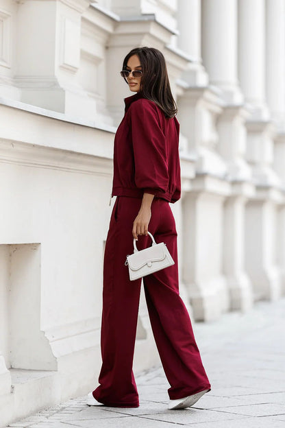 LaBalancia Women's Luxury Cotton 3-Piece Set featuring a stylish zip-up sweatshirt, elegant ribbed top, and flared pants, perfect for everyday casual wear.