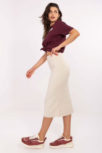 Chic ribbed knit midi skirt by Sublevel, crafted from a luxurious blend of materials for an effortlessly stylish look.