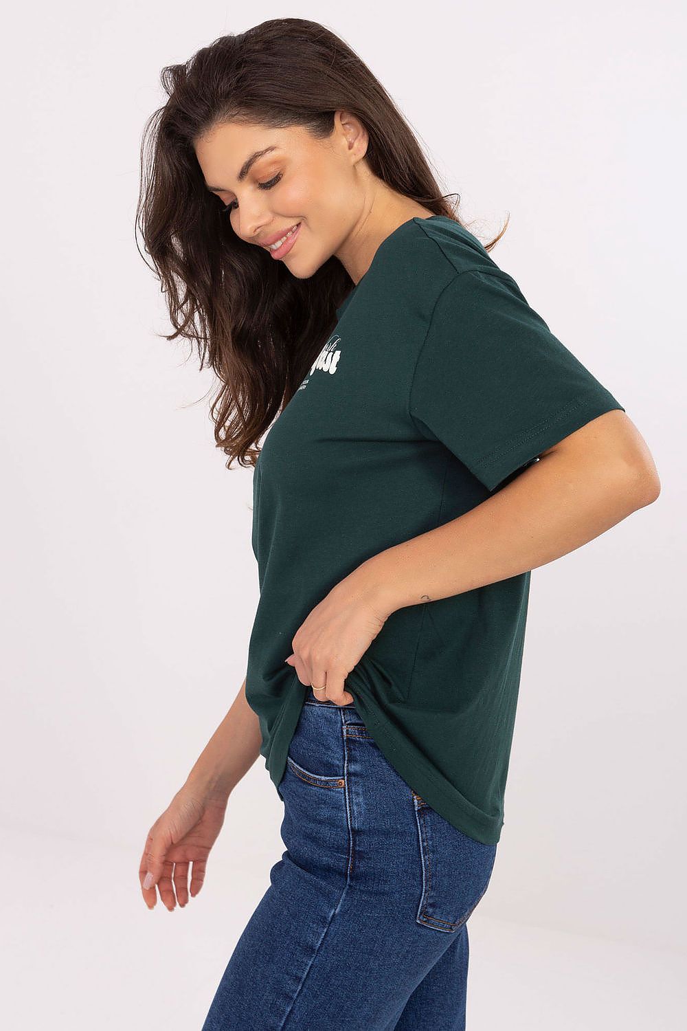 Premium women's casual cotton t-shirt from Sublevel featuring a unique front print design, showcasing luxury and modern style.