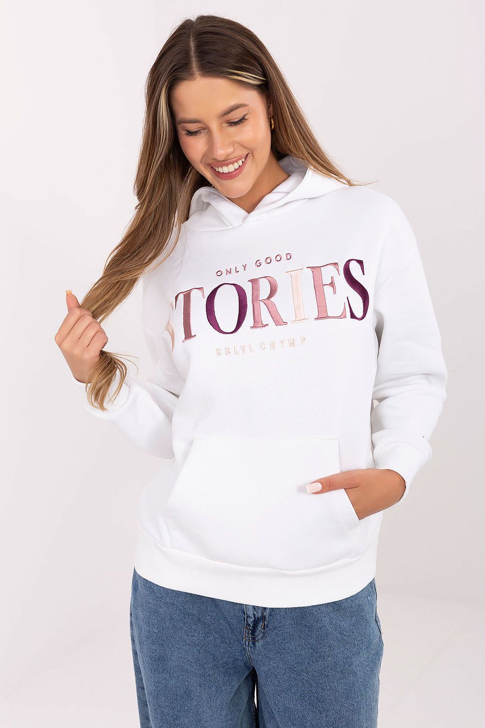 Luxury women's casual sweatshirt with hood and kangaroo pocket from Sublevel, perfect for stylish warmth in sizes XS to XXL. Ideal for pairing with jeans or leggings.