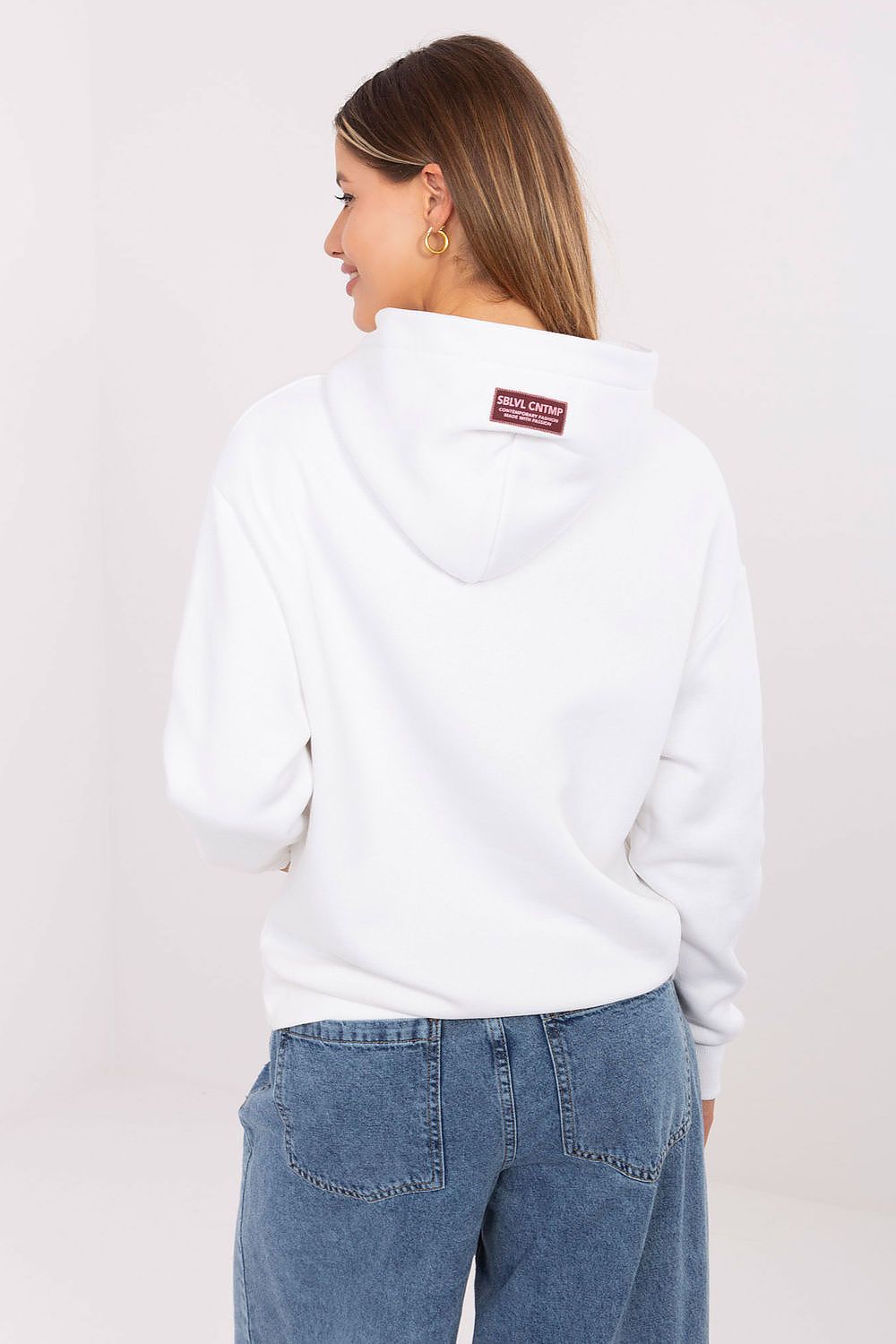 Elegant Sublevel women's sweatshirt in cotton-polyester blend, featuring a cozy hood and front kangaroo pocket for ultimate comfort.