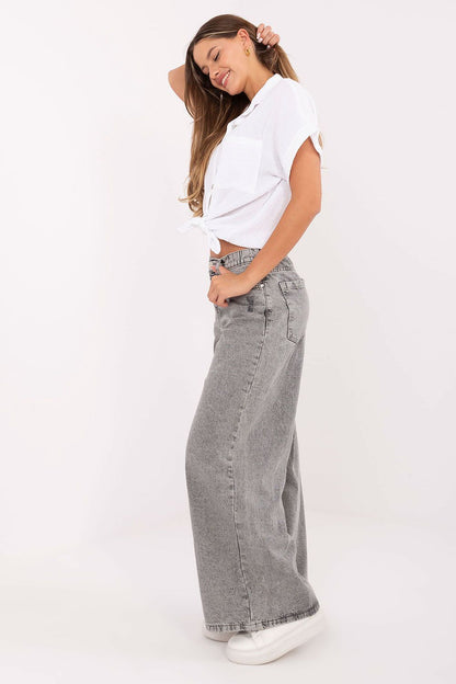 Elegant palazzo style jeans for women by Sublevel, featuring a high waist and wide legs, crafted from comfortable 100% cotton, perfect for high-end casual wear.