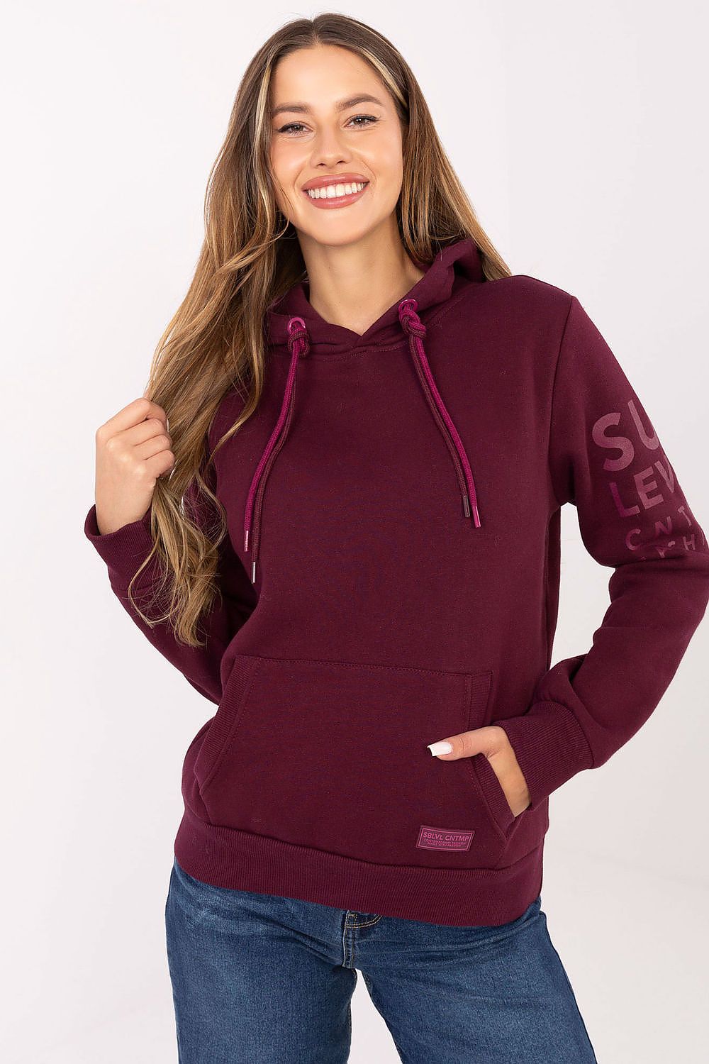 Luxury women's casual sweatshirt with hood and kangaroo pocket by Sublevel, offering comfort and style in sizes XS to XXL.