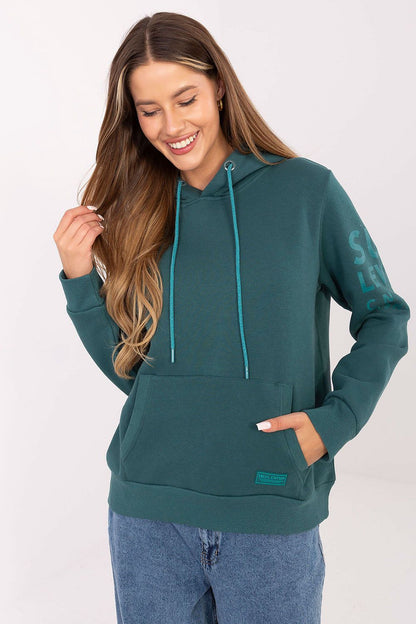 Luxury women's casual sweatshirt with hood and kangaroo pocket by Sublevel, showcasing elegant design and comfort.