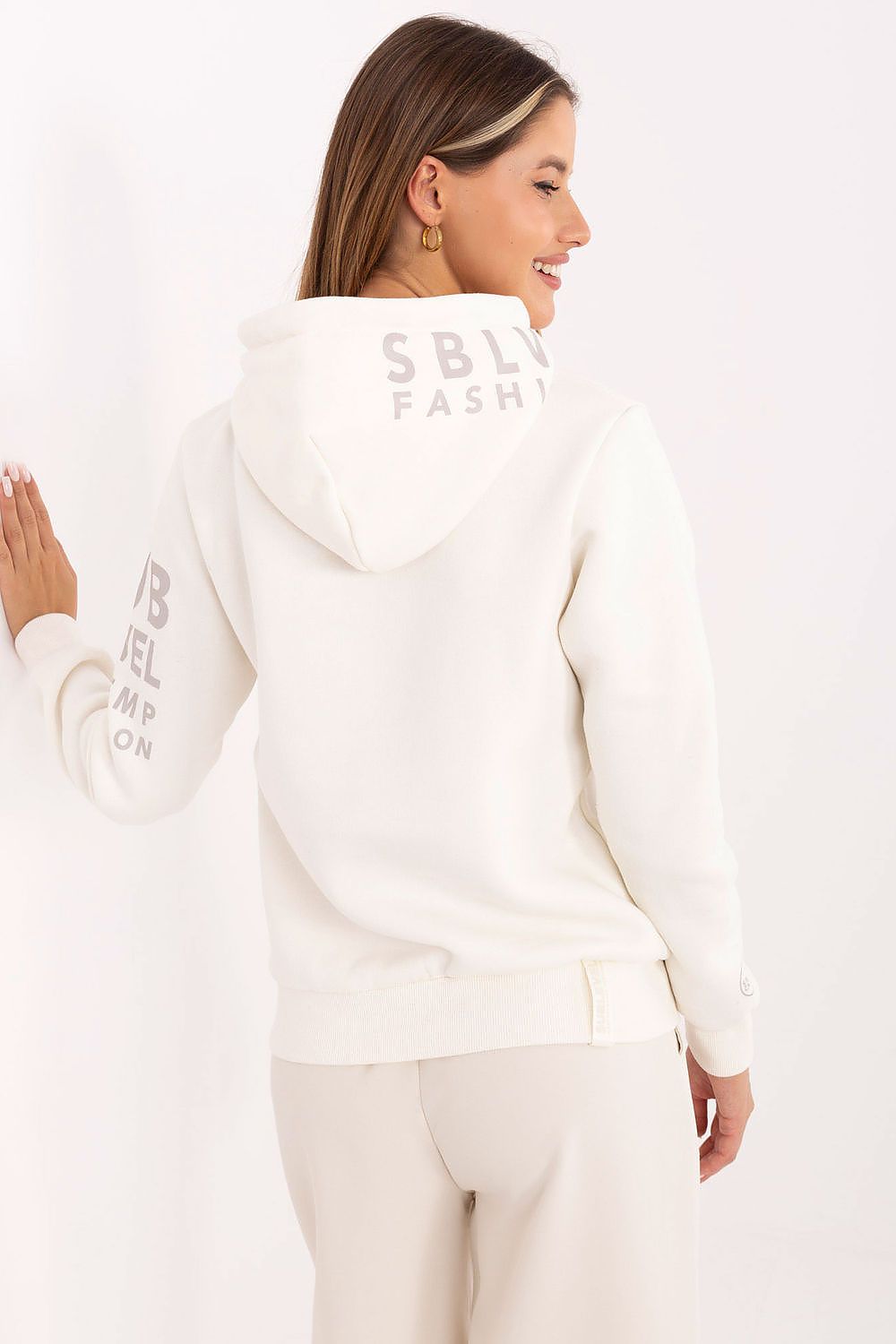 Fashionable Women's Casual Hoodie Sweatshirt by Sublevel showcasing subtle prints on the sleeve and hood, ideal for a luxurious yet laid-back look.