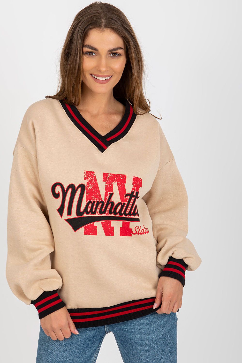 Ex Moda Women's Casual V-Neck Sweatshirt in elegant cotton-polyester blend featuring stylish print and ribbed accents, perfect for upscale everyday wear.