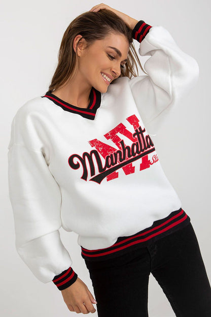 Ex Moda Women's Casual V-Neck Sweatshirt on model, illustrating its flattering fit and fashionable print, a must-have for sophisticated casual wardrobes.