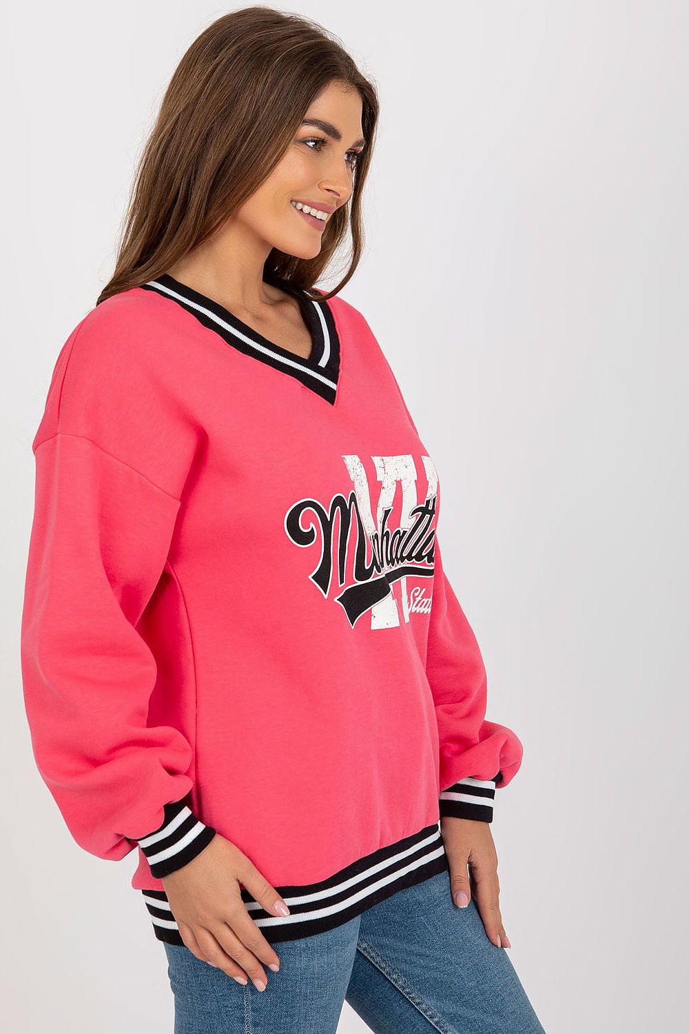 Stylish women's casual V-neck sweatshirt by Ex Moda, with contrast ribbing and eye-catching print, designed for a fashionable everyday look.