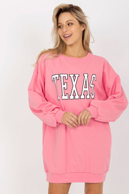 Sophisticated long casual sweatshirt for women by Ex Moda, showcasing a trendy design with a modern inscription and ribbed accents.