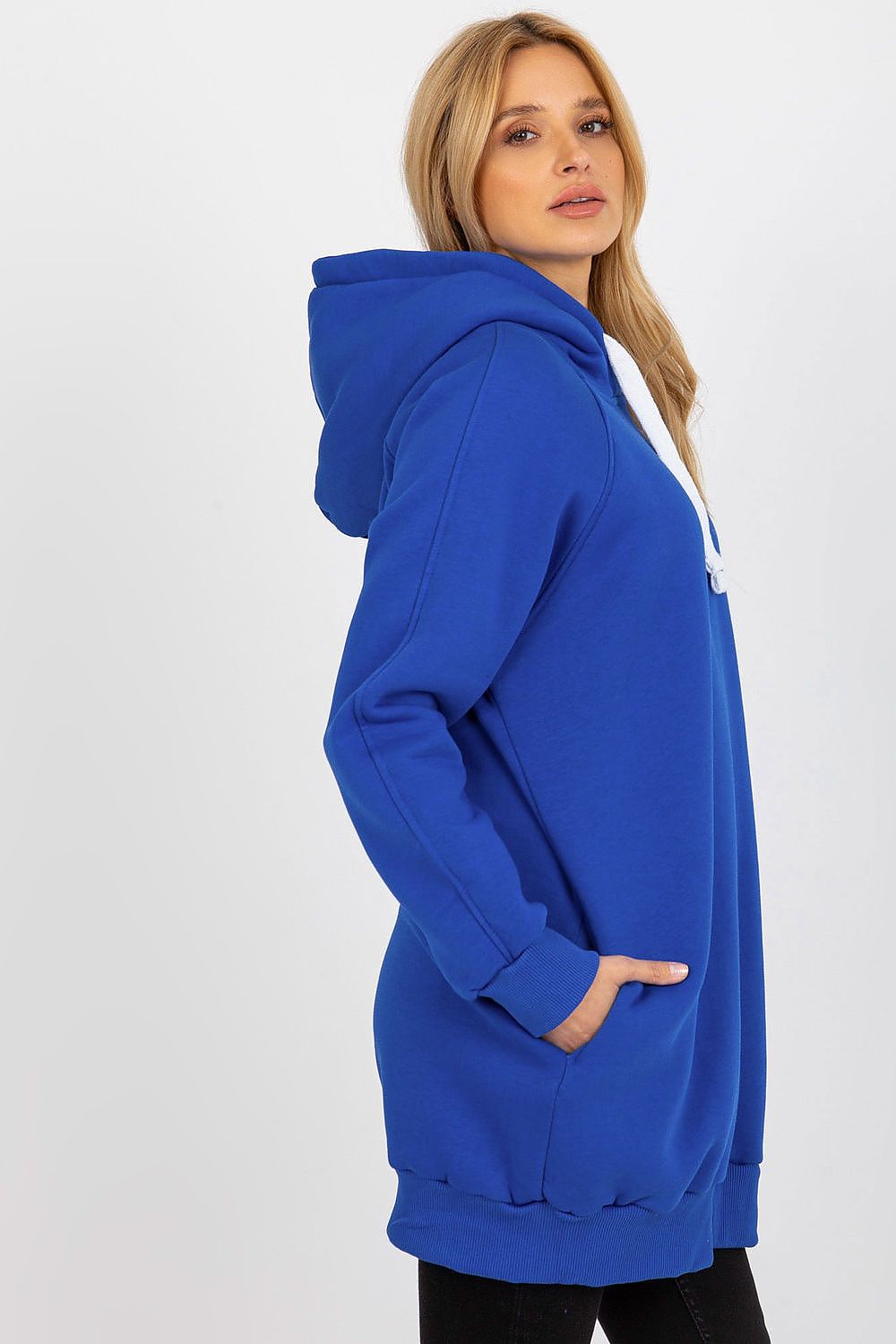 Ex Moda Women's Long Cotton-Polyester Sweatshirt in a luxuriously soft fabric, showcasing side pockets and a spacious hood for an elegant casual look.