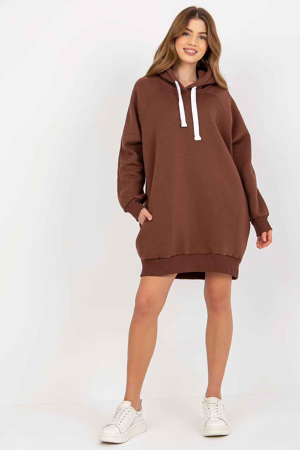 Back view of Ex Moda Women's Long Cotton-Polyester Sweatshirt revealing its elegant longer length design, ideal for cooler days.