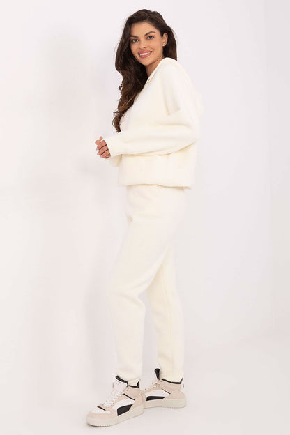 Luxury casual women's 2-piece set by MBM, featuring a warm wool blend zip-up hoodie with large front pockets and tapered high-waisted pants, ideal for cooler days.