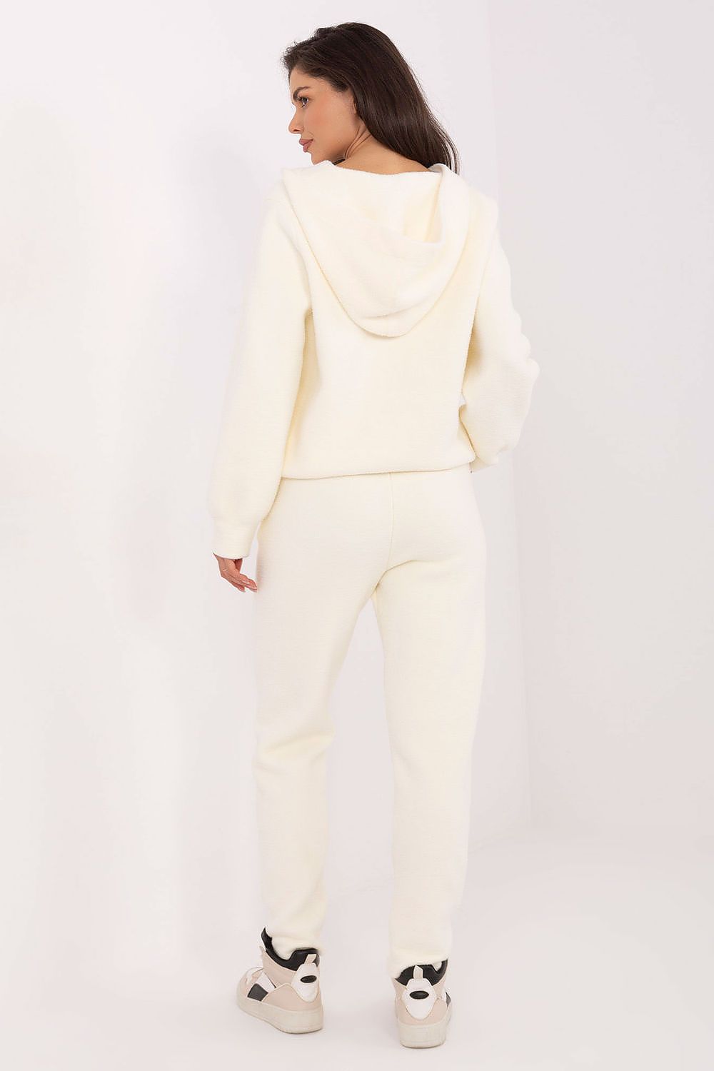 Stylish MBM women's luxury hoodie in warm wool blend, showcasing its practical hood and comfortable fit, perfect for casual outings.