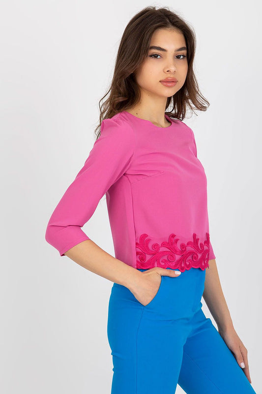 Lakerta sophisticated 3/4 sleeve blouse with round neckline, crafted from high-quality cotton blend for comfortable wear, ideal for elegant office attire.