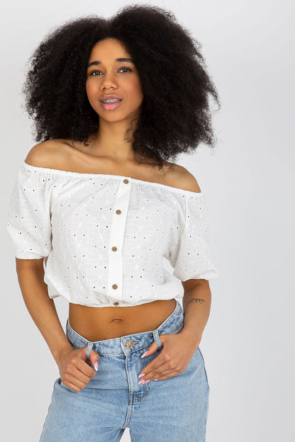 Elegant Lakerta Off-The-Shoulder Boho Blouse in 100% Cotton featuring intricate lace embroidery, perfect for summer casual wear.