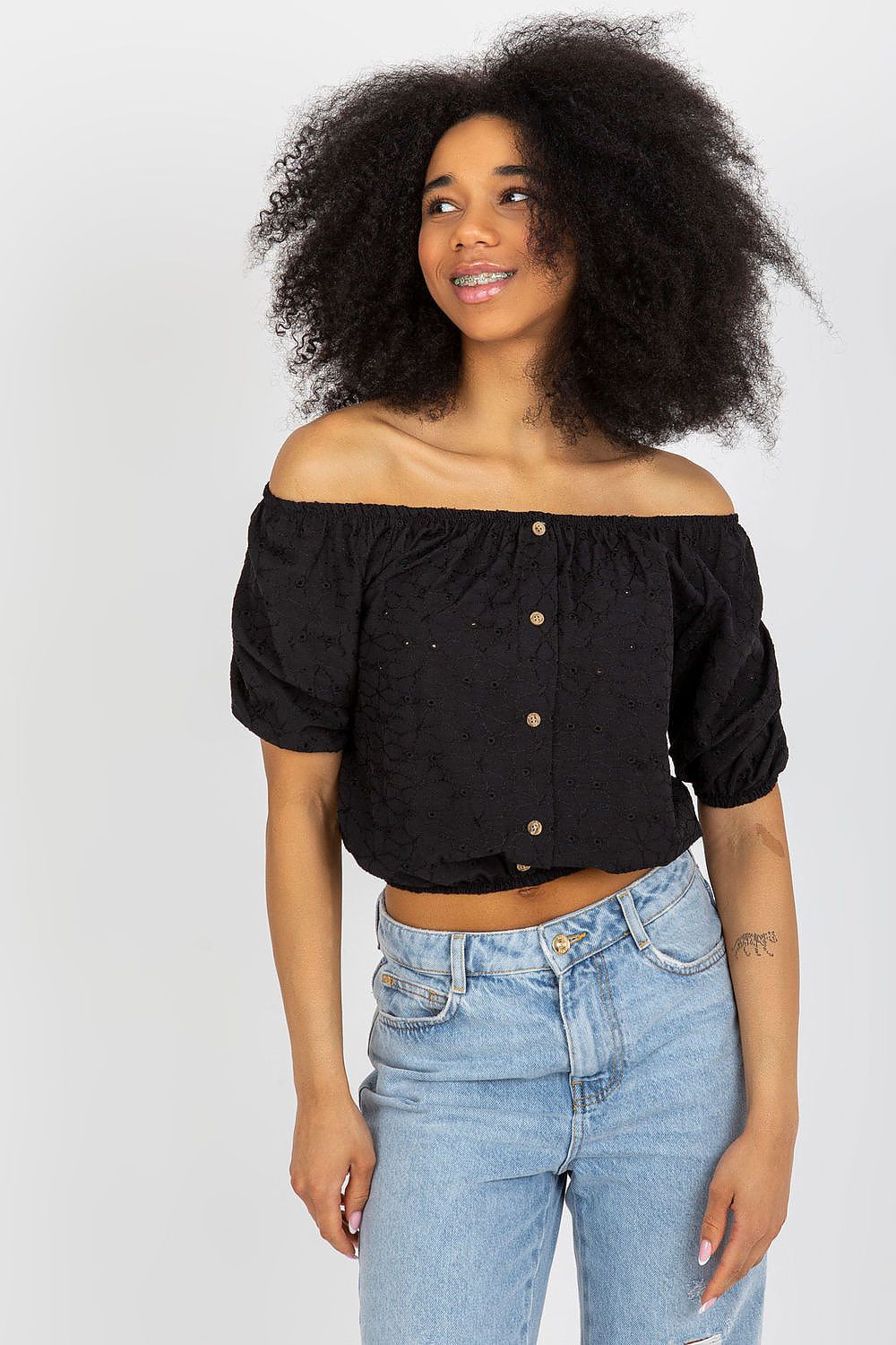 Lakerta Off-The-Shoulder Boho Blouse in 100% cotton featuring exquisite lace embroidery, ideal for summer casual styling.