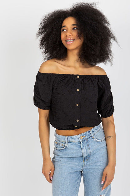 Lakerta Off-The-Shoulder Boho Blouse in 100% cotton featuring exquisite lace embroidery, ideal for summer casual styling.