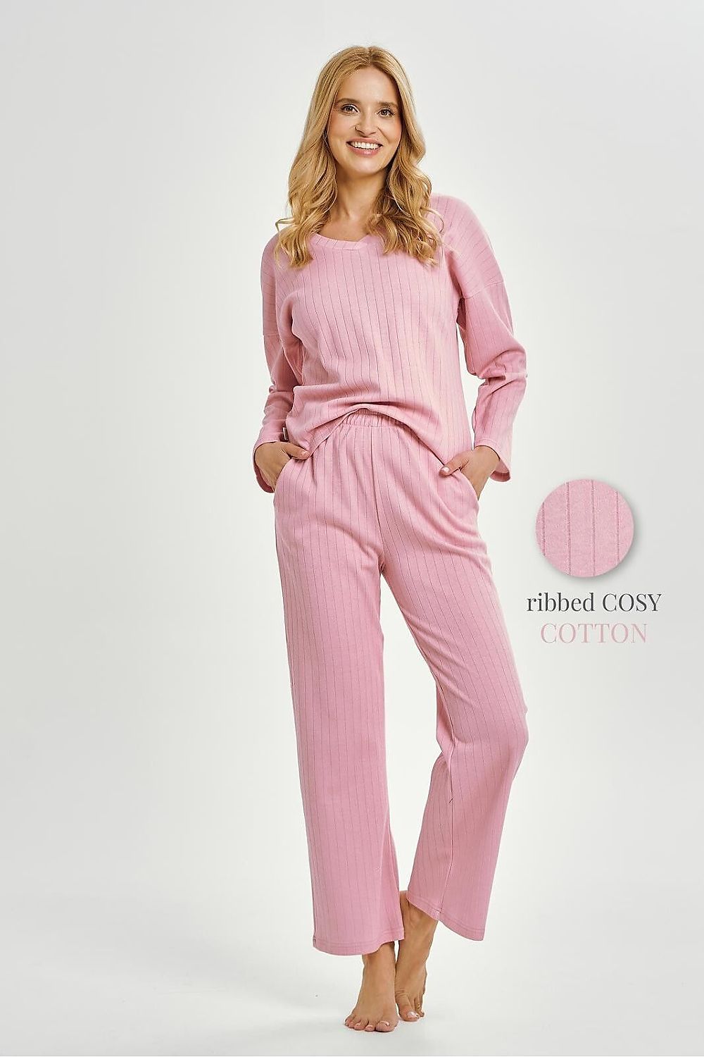 Luxury women's cotton pyjamas set by Taro featuring a long sleeve blouse with a feminine V-neck, designed for maximum comfort and stylish relaxation.