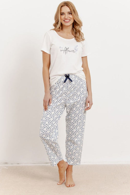 Luxurious women's cotton pyjamas set by Taro, featuring a stylish short-sleeve top and long trendy pants, designed for comfort and elegance. Perfect for summer nights.