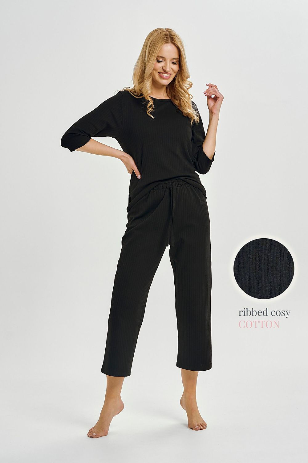 Elegant women's pyjamas set by Taro, featuring a stylish 3/4 sleeve blouse with lace detailing and 7/8 pants, perfect for luxurious relaxation.