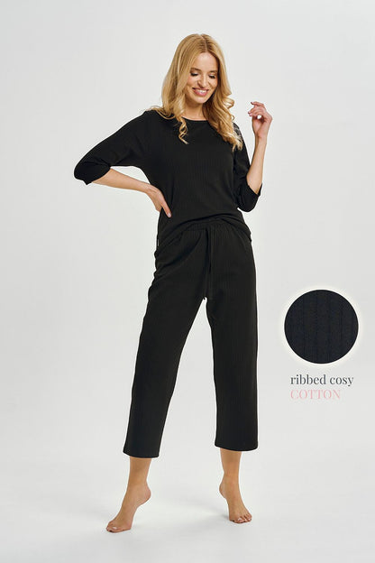 Elegant women's pyjamas set by Taro, featuring a stylish 3/4 sleeve blouse with lace detailing and 7/8 pants, perfect for luxurious relaxation.