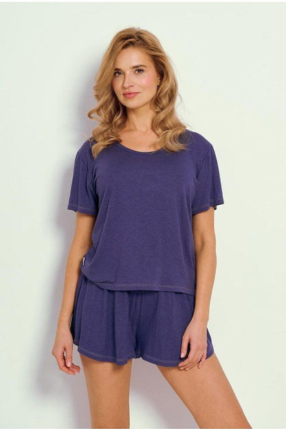 Elegant Taro summer pyjamas set for women, designed with a classic round neckline and comfortable loose-fit shorts for ultimate relaxation.