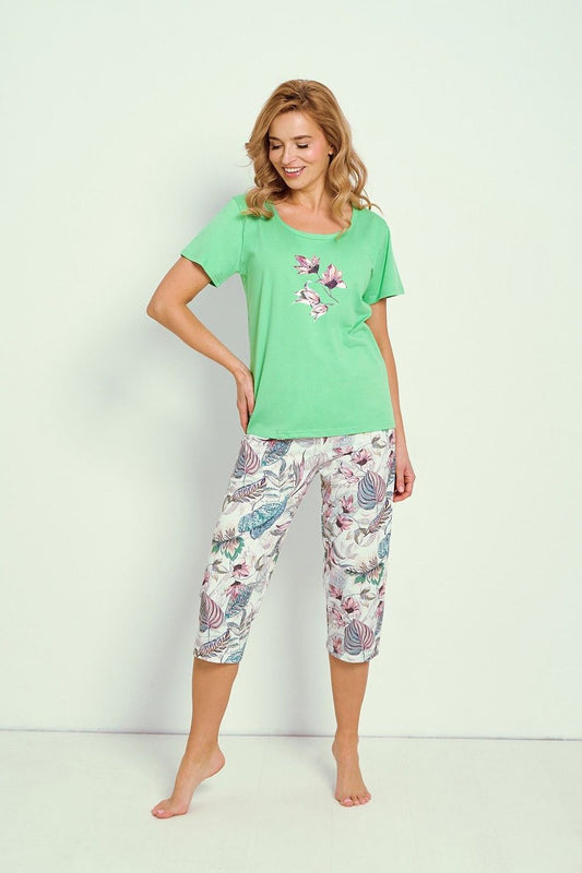 Luxury women's cotton pyjamas set by Taro featuring a stylish short sleeve tee and 3/4 slim-fit pants, designed for elegance and comfort.