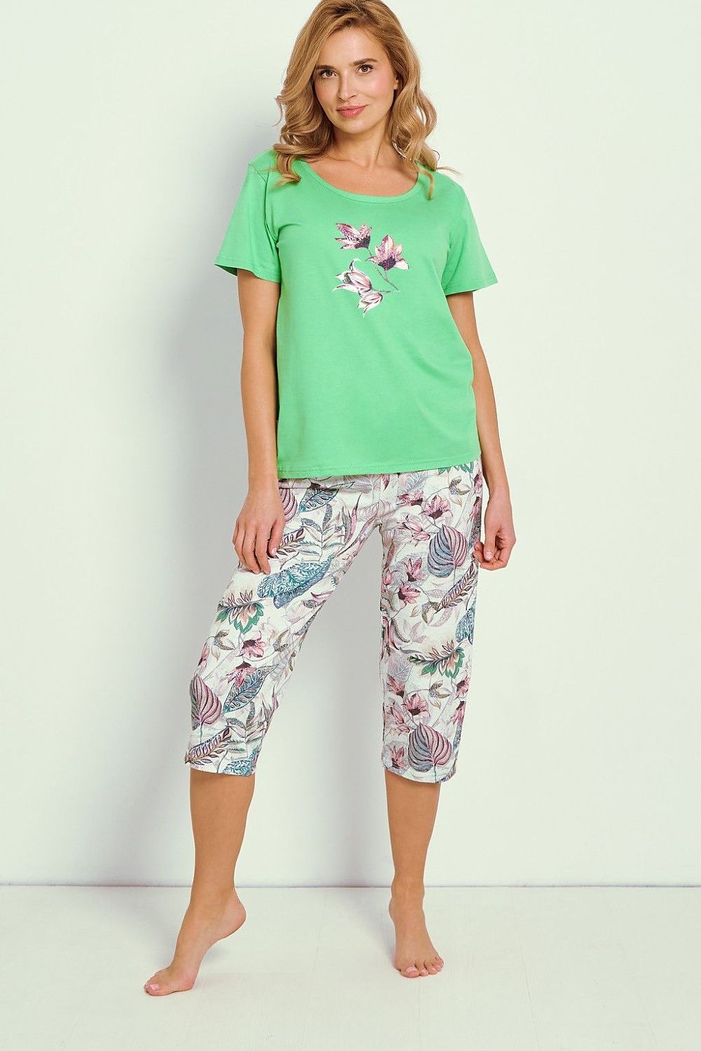 Close-up of Taro's luxury women's cotton pyjamas set, showcasing the soft fabric and feminine print, perfect for warm nights.