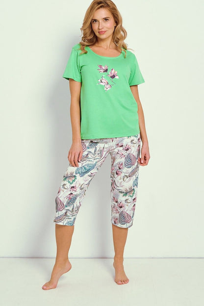 Close-up of Taro's luxury women's cotton pyjamas set, showcasing the soft fabric and feminine print, perfect for warm nights.