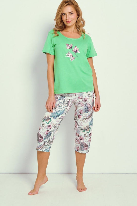 Close-up of Taro's luxury women's cotton pyjamas set, showcasing the soft fabric and feminine print, perfect for warm nights.