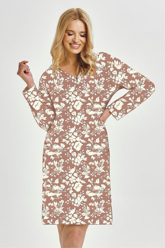 Luxurious knee-length cotton nightshirt for women by Taro, featuring a classic button-up design, long sleeves, and a delicate print, ideal for comfort and style during sleep.