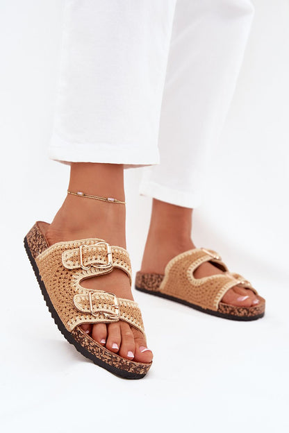 Elegant crocheted women's sandals with a cork platform and golden buckles, designed by Step in Style, perfect for summer outfits.