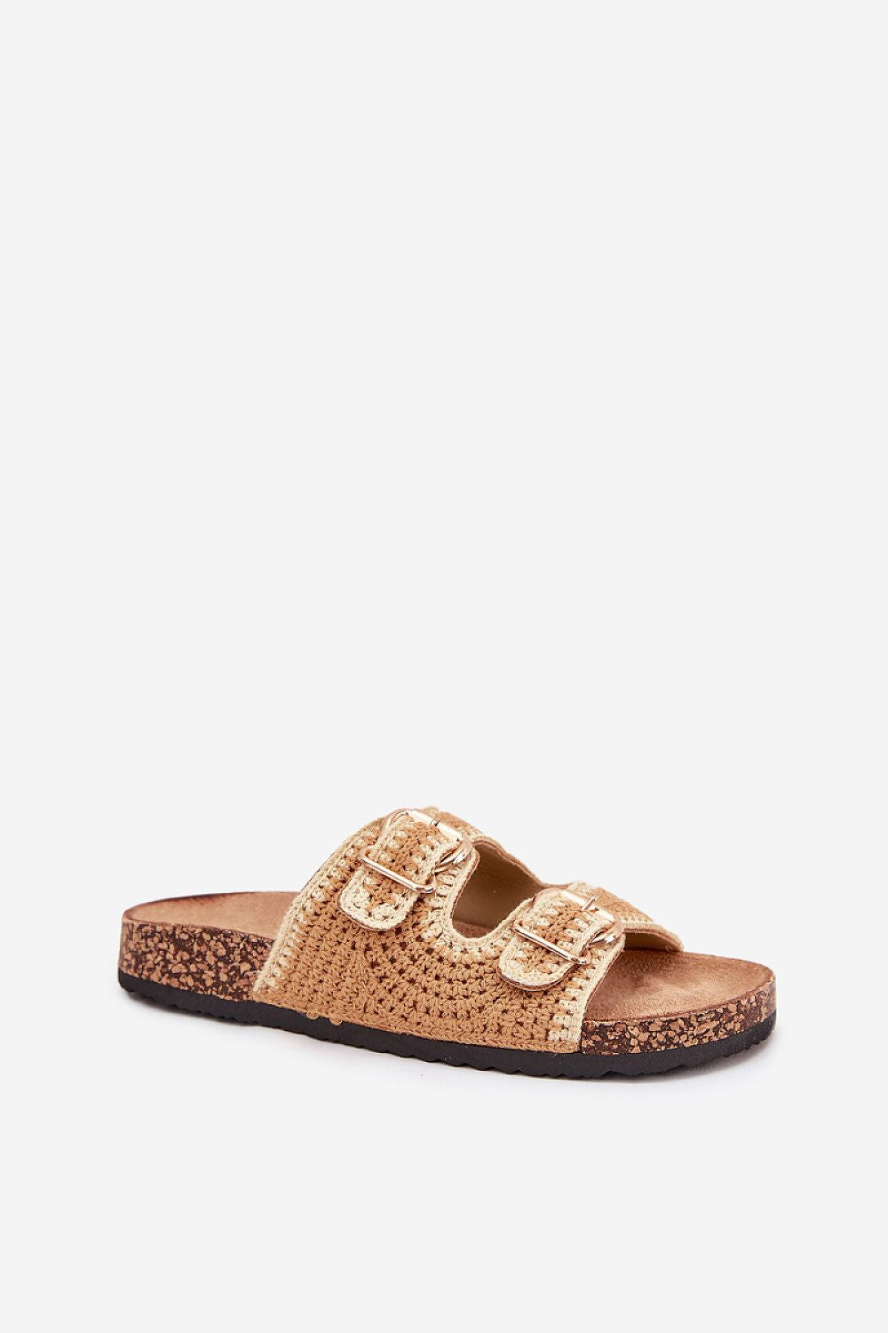 Close-up of luxurious crocheted detail and golden buckles on Step in Style women's sandals, showcasing their elegant design.