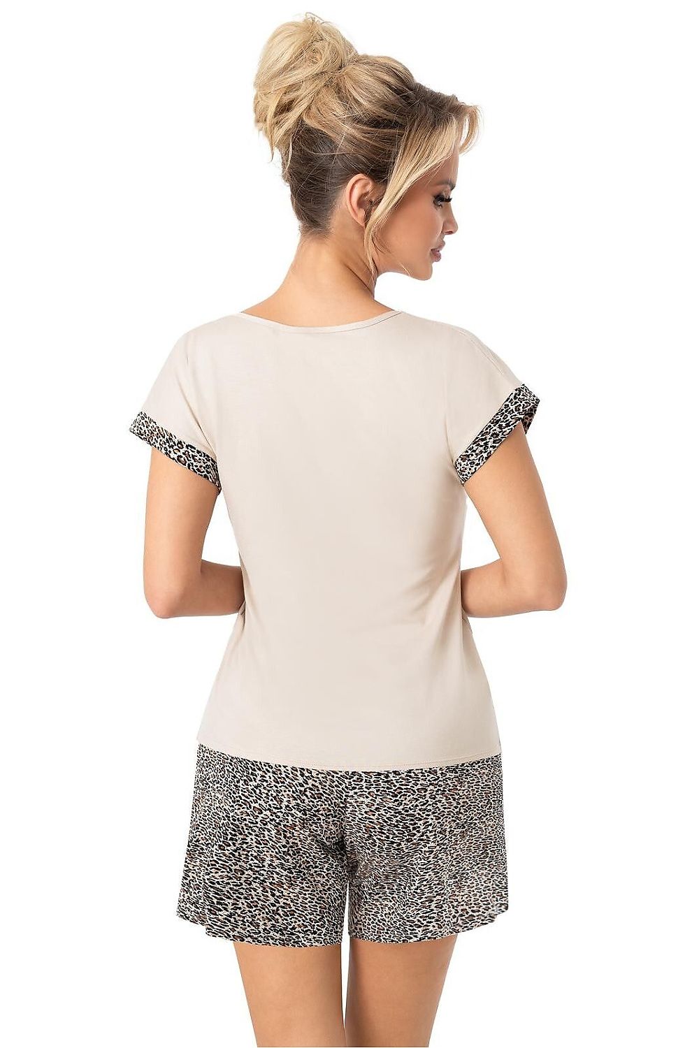 Elegant women's pyjamas set from Donna, showcasing delicate lace details on a chic V-neck blouse and trendy print shorts for a sophisticated nightwear choice.