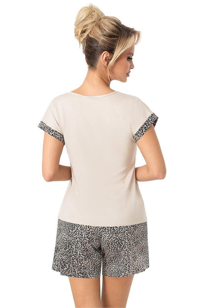 Elegant women's pyjamas set from Donna, showcasing delicate lace details on a chic V-neck blouse and trendy print shorts for a sophisticated nightwear choice.