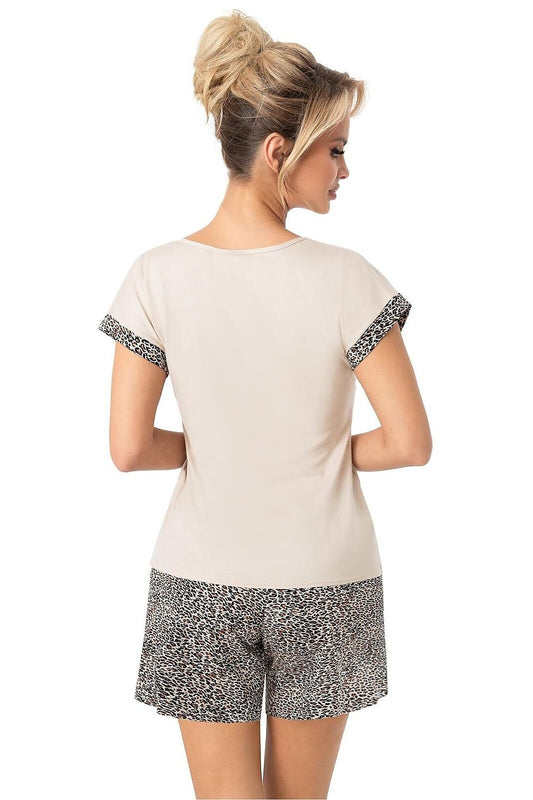 Elegant women's pyjamas set from Donna, showcasing delicate lace details on a chic V-neck blouse and trendy print shorts for a sophisticated nightwear choice.