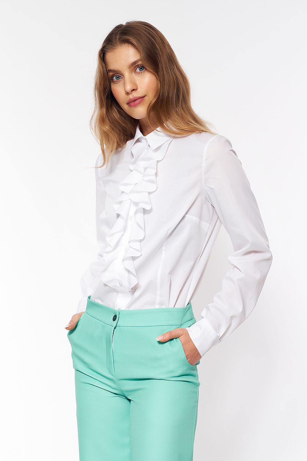 Elegant ruffled collar long sleeve cotton blend shirt by Nife, showcasing a luxurious fit suitable for both daytime and evening wear, available in sizes EU 36-44.