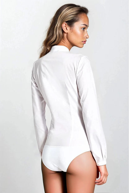 Elegant long sleeve white shapewear bodysuit for women by Nife, designed for comfort and style, perfect for office attire.