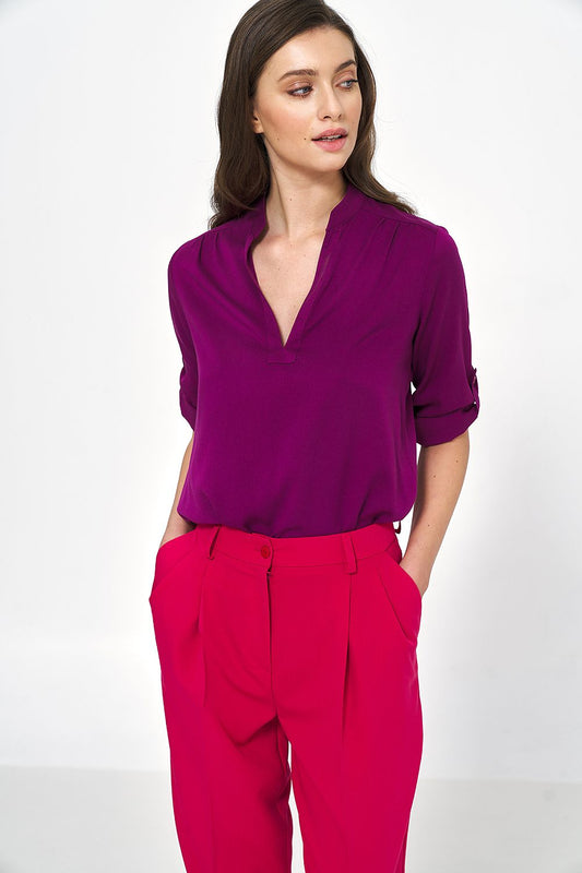 Elegant Nife viscose blouse showcasing unique ruching on neckline, perfect for sophisticated office wear.