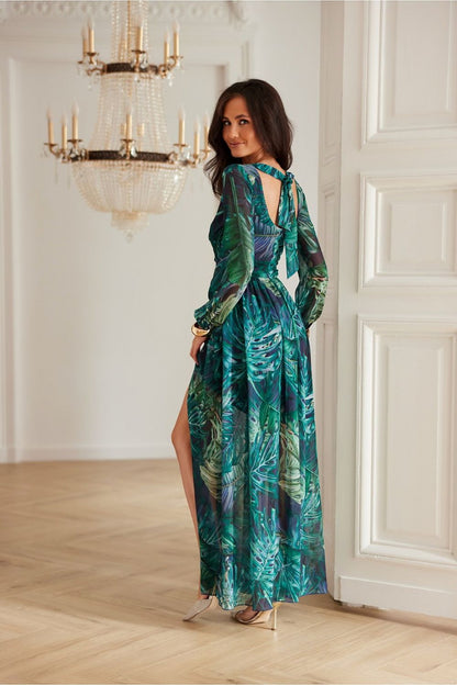 Close-up detail of the Alessia Maxi Chiffon Cocktail Dress by Roco Fashion, highlighting the soft chiffon fabric and elegant front slit.