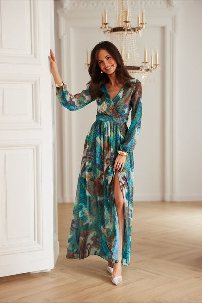 Close-up of the luxurious chiffon fabric of the Alessia Maxi Cocktail Dress by Roco Fashion, highlighting the light and flowing texture.