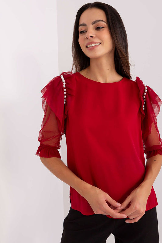 Luxury elegant beaded blouse by Lakerta in a sophisticated design, featuring a round neckline and 3/4 sleeves, perfect for women's formal wear.