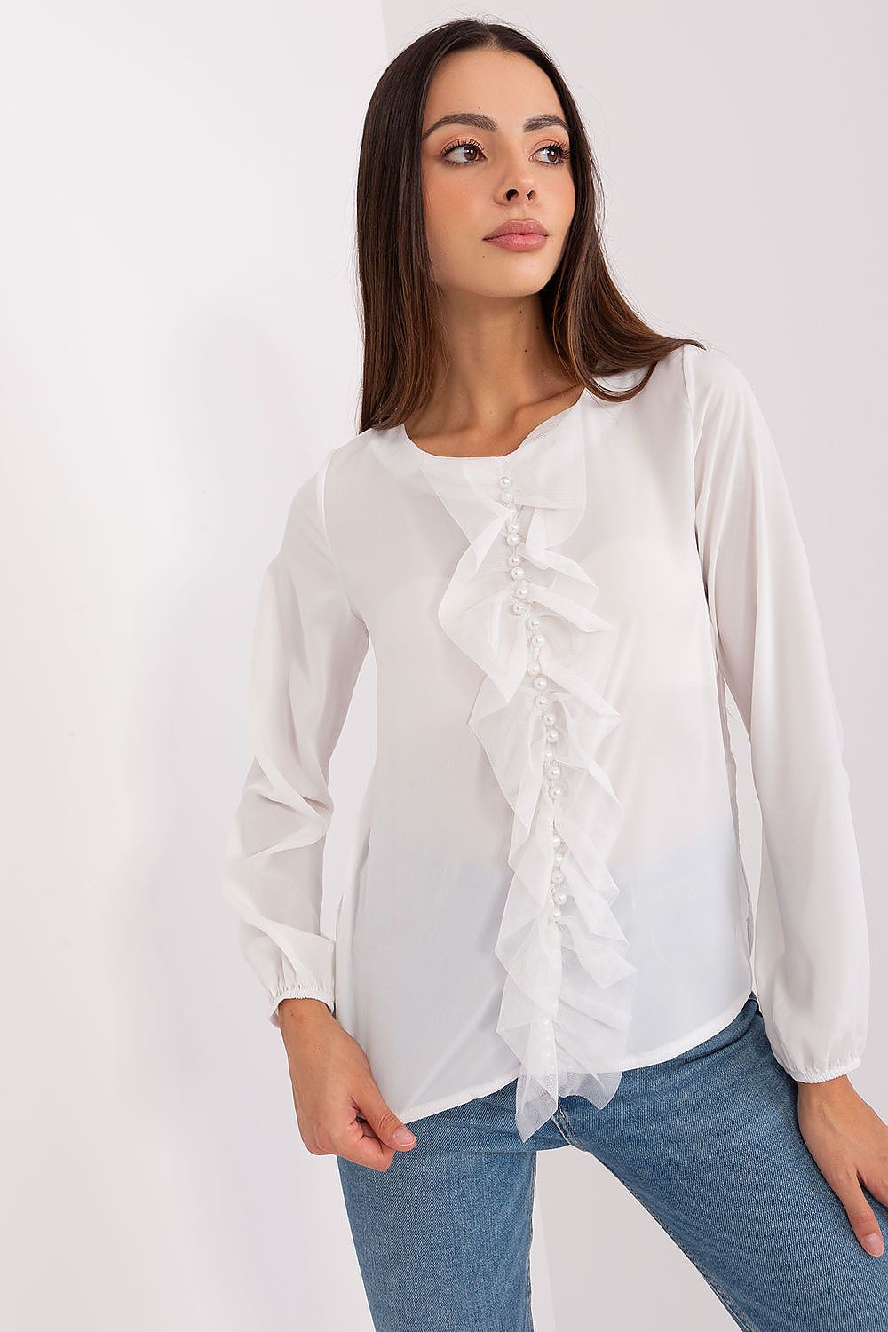 Elegant Lakerta blouse featuring a delicate vertical ruffle and bead embellishments, ideal for upscale occasions.